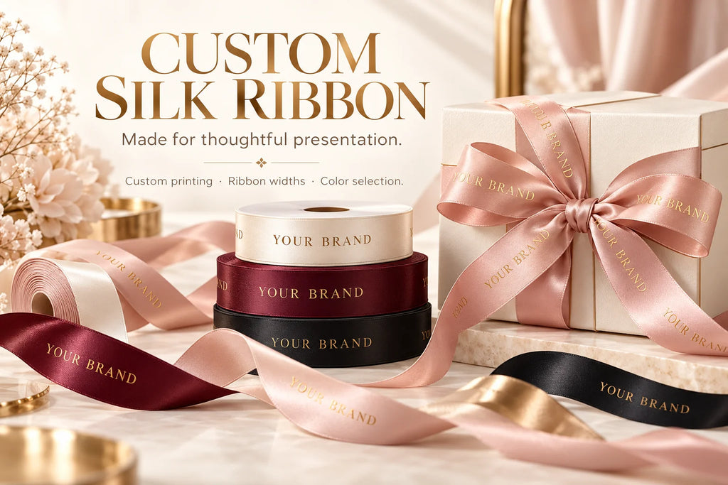Custom ribbon branding display with ivory, burgundy, black and blush rolls printed YOUR BRAND, beside a gift box tied with a pink bow