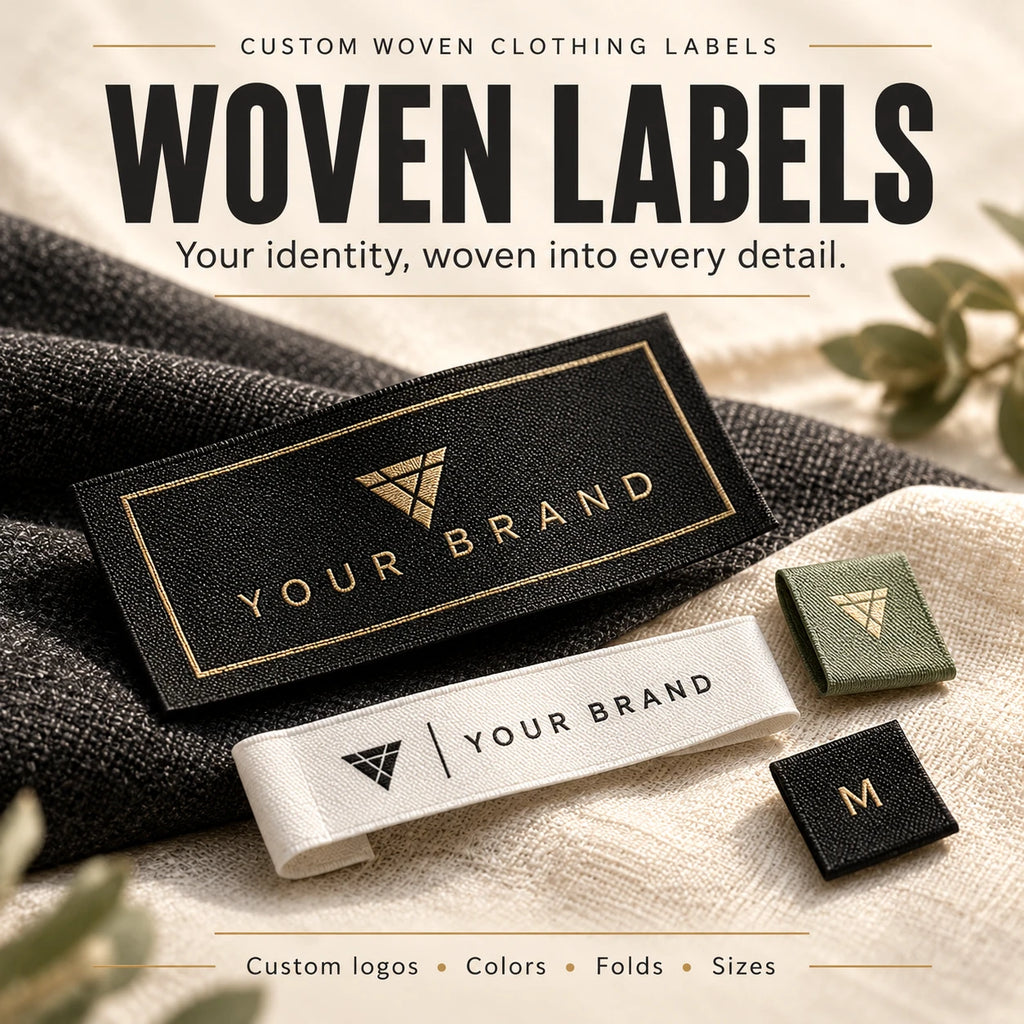 Custom woven clothing label presentation with black, white and green brand label examples on textured fabrics