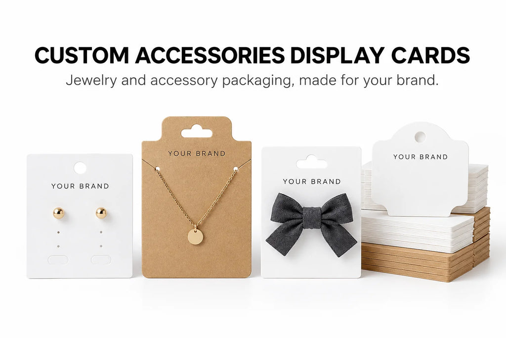 Custom accessories display cards hero presentation showing earring, necklace, hair bow, and foldover card styles