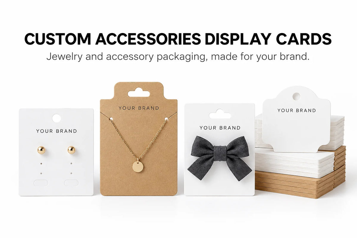Custom accessories display cards hero presentation showing earring, necklace, hair bow, and foldover card styles