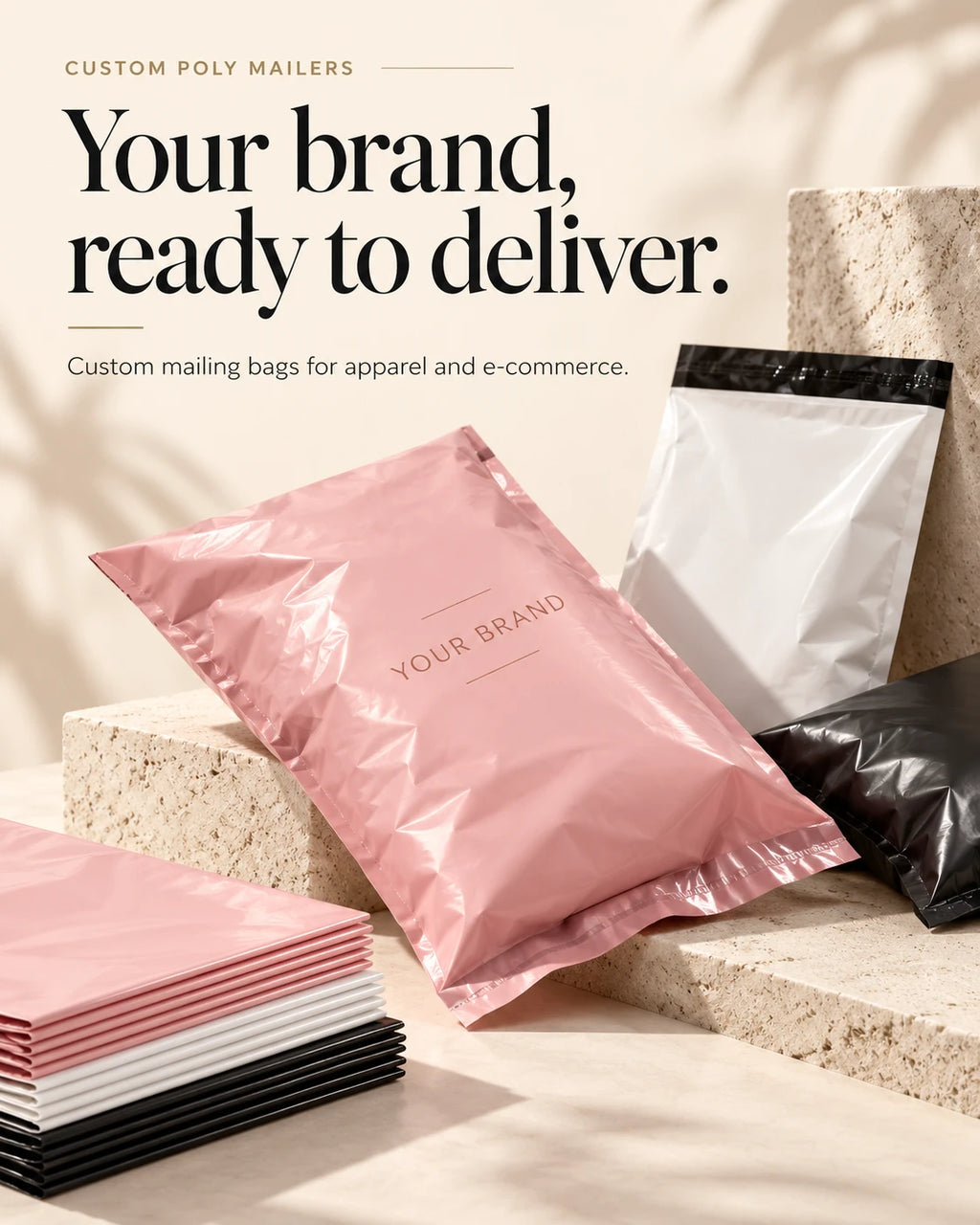 Pink, white and black plastic mailing bags displayed with folded clothing and packaging close-ups