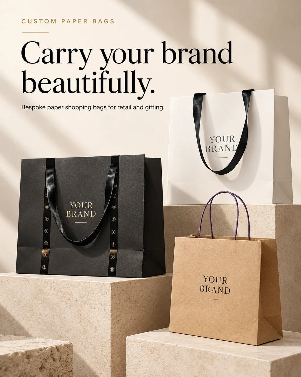 Black, white and kraft paper shopping bags displayed on stone blocks with an English branding headline