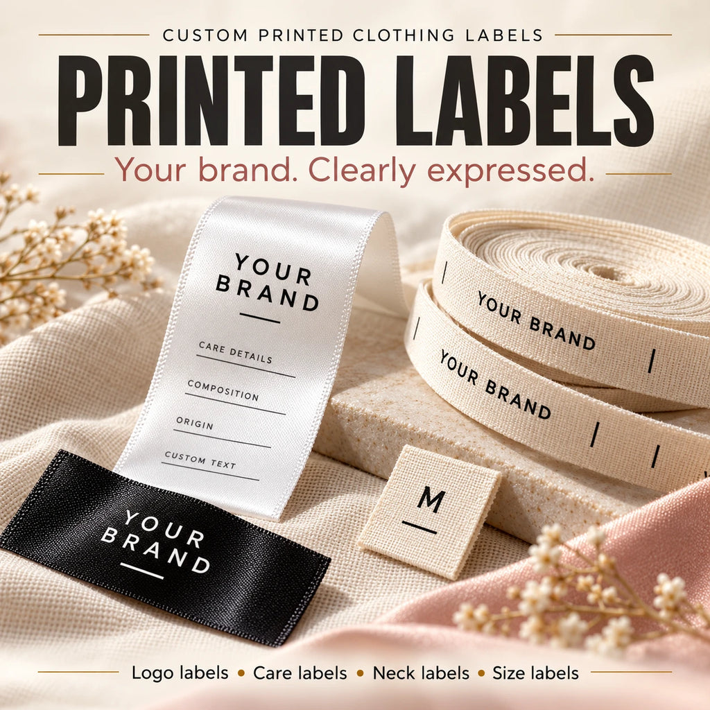 Printed clothing label overview with brand tags, care labels and custom label options