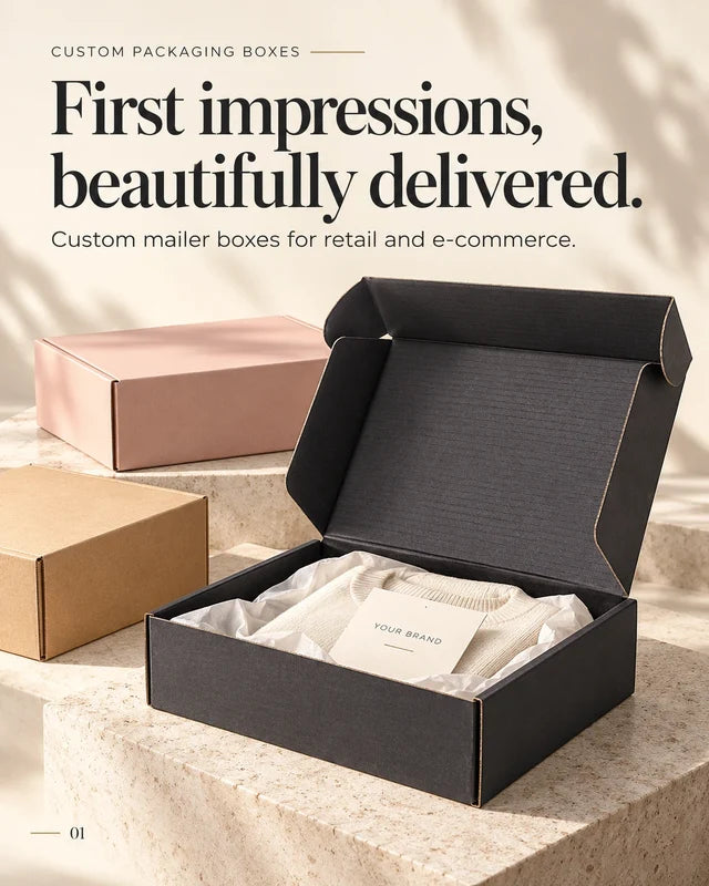 Open black mailer box holding a cream garment in white tissue paper, with pink and kraft boxes behind it