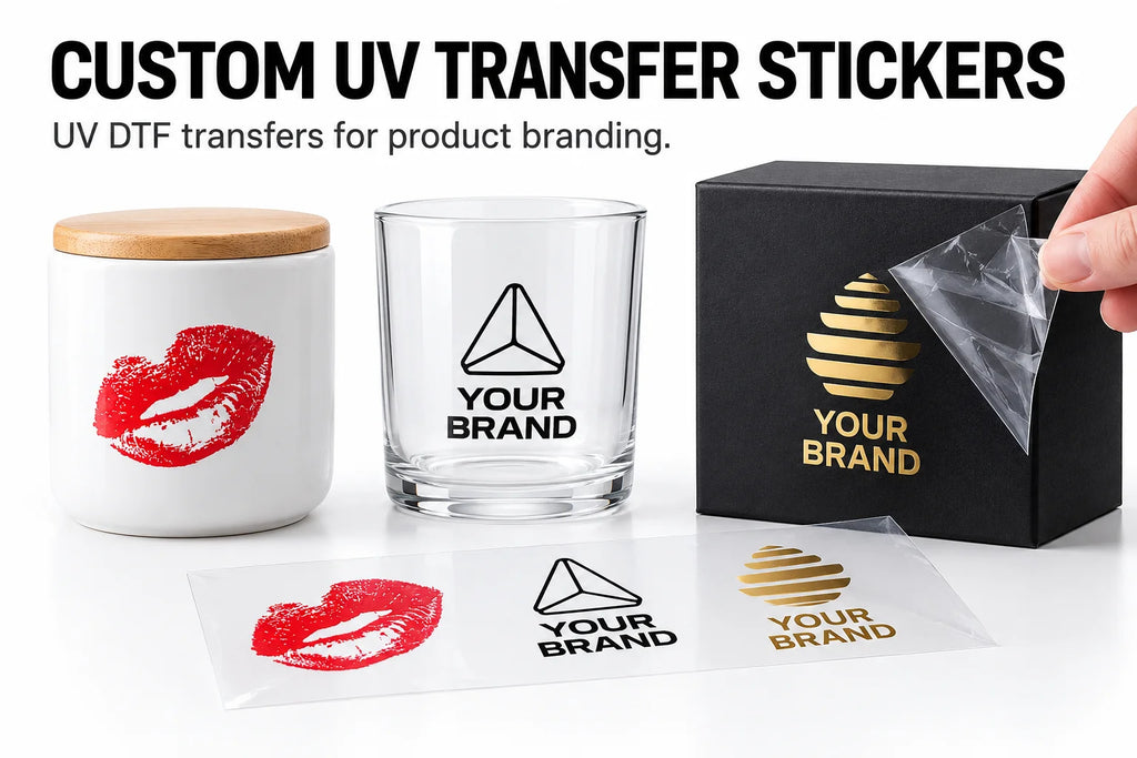Custom UV transfer stickers on a white jar, clear glass and black gift box