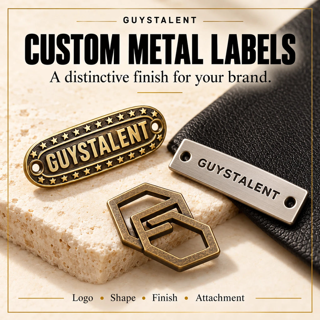 Guystalent custom metal labels display showing antique brass-tone star badge, brushed silver-tone plaque, and geometric emblem