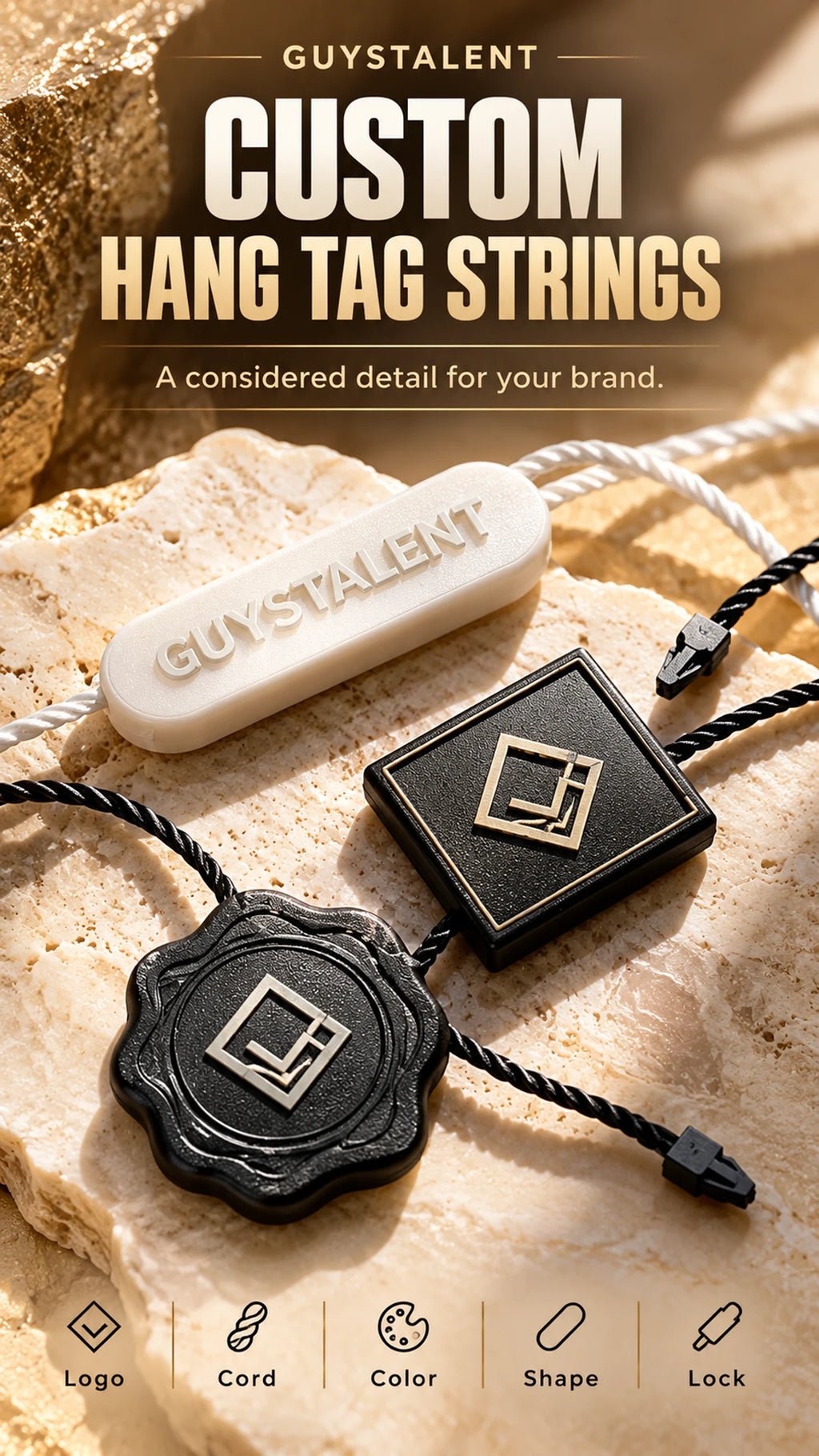 Infographic showing custom hang tag strings with various seal tag shapes and cord combinations
