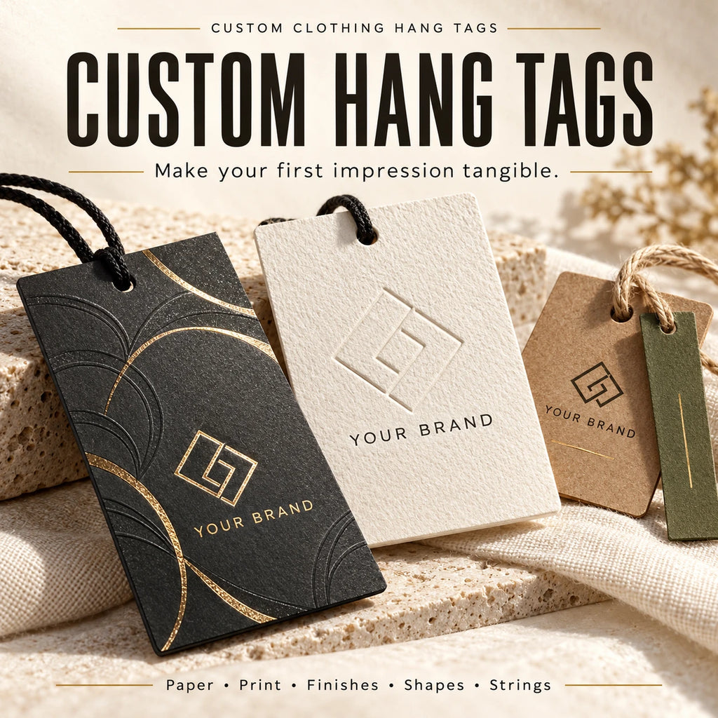 Custom hang tag overview with black, cream and brown logo tags and string attachments