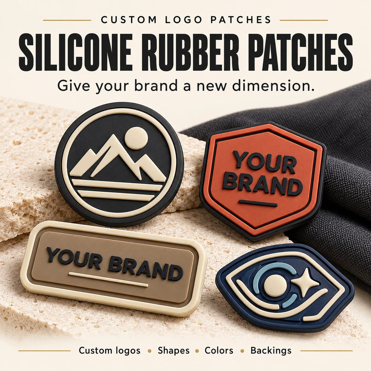 Round, shield and rectangular silicone rubber logo patches in black, cream, rust and blue on a cream display