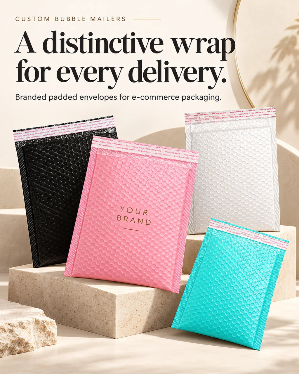 Pink, black, white and turquoise bubble mailers displayed on cream platforms