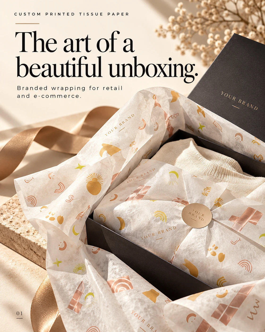 Black gift box lined with pastel-patterned branded tissue paper wrapping a cream garment