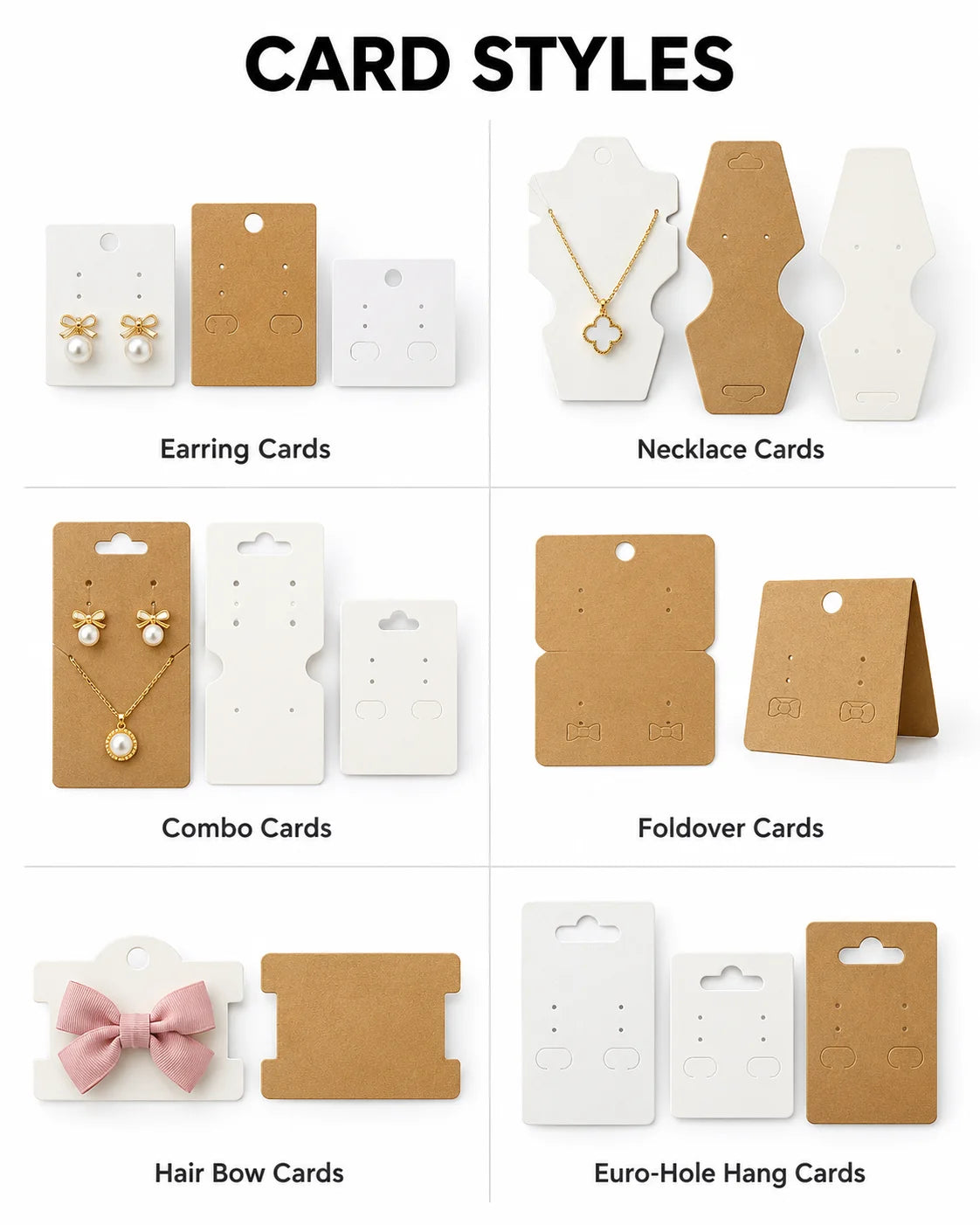 Display card styles overview featuring earring cards, necklace cards, combo cards, foldover cards, hair bow cards, and euro-hole cards