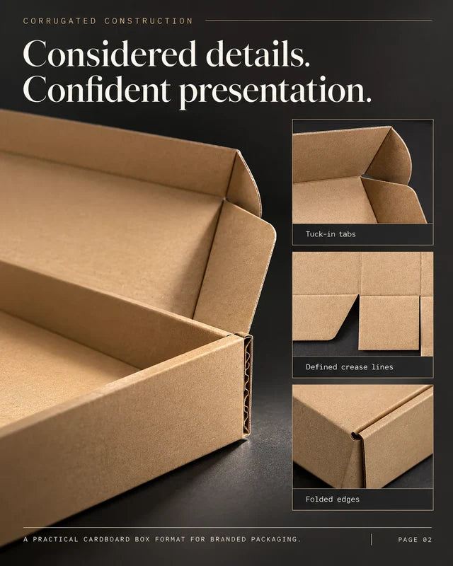 Kraft corrugated mailer box with close-ups of tuck-in tabs, crease lines and folded edges