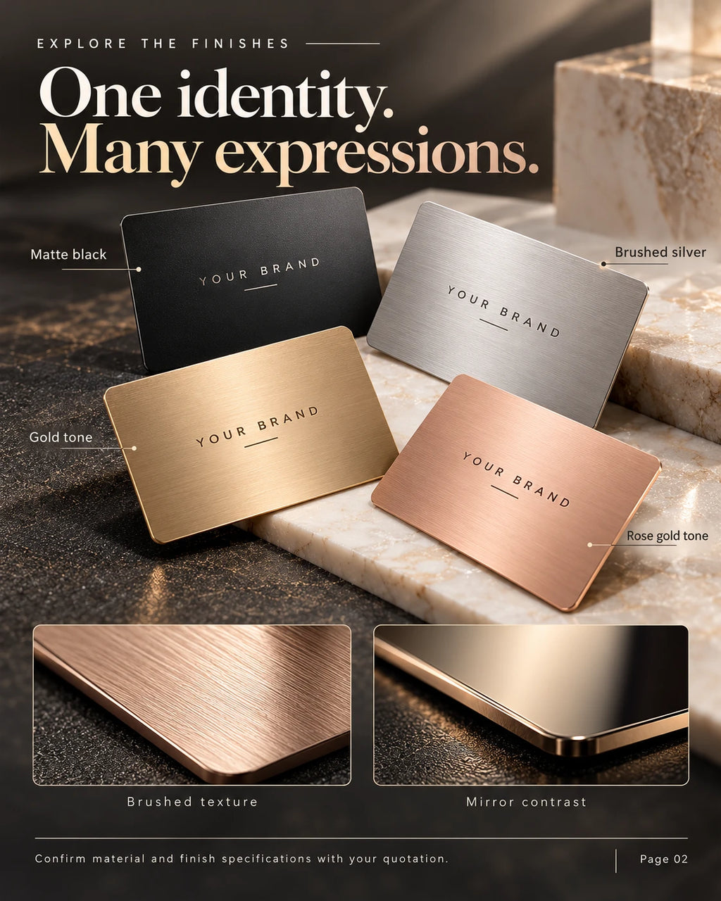 Metal card surfaces in gold, silver, black and rose-gold tones with brushed and polished appearances