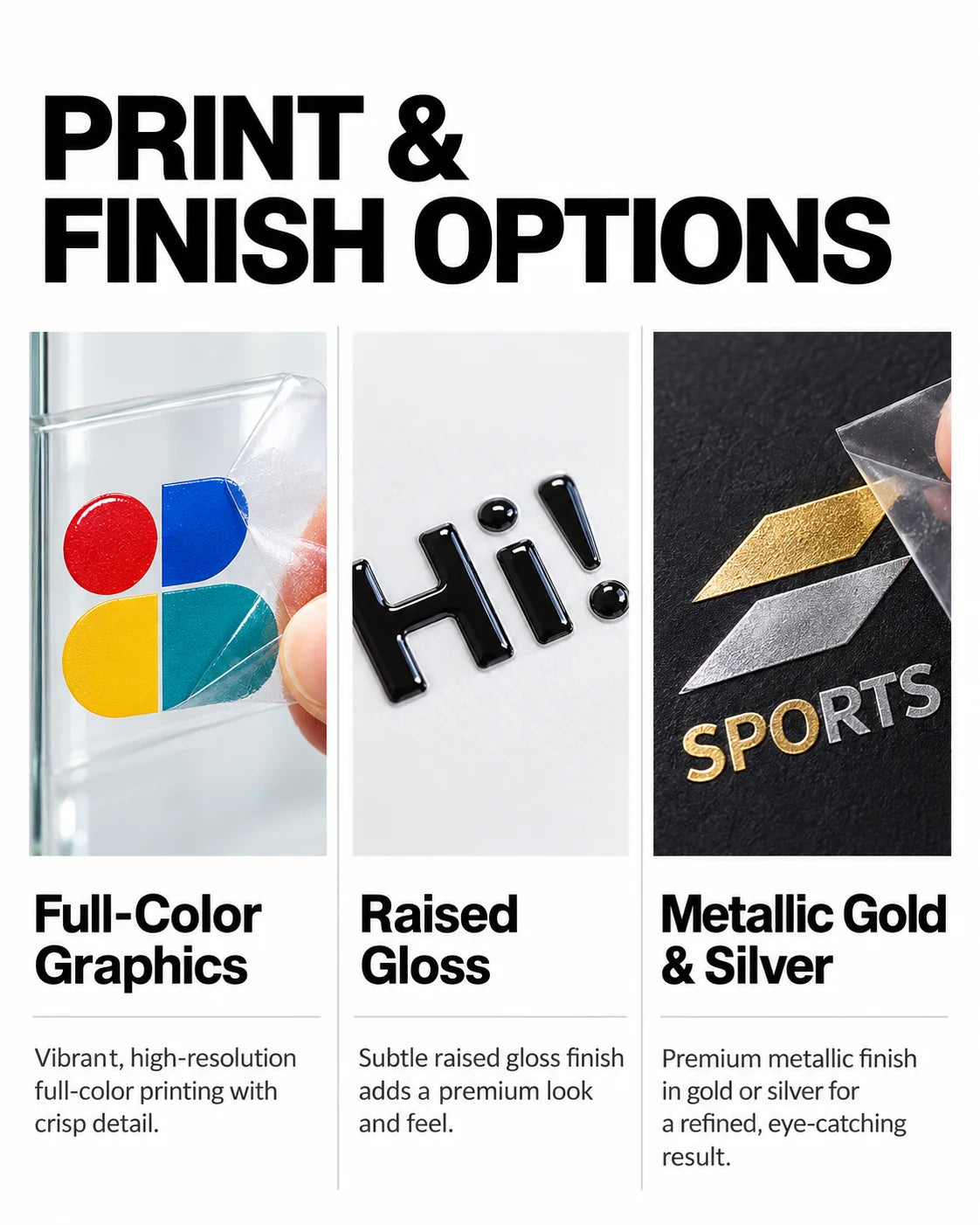 UV transfer print finishes showing full-color graphics, raised gloss and metallic gold and silver