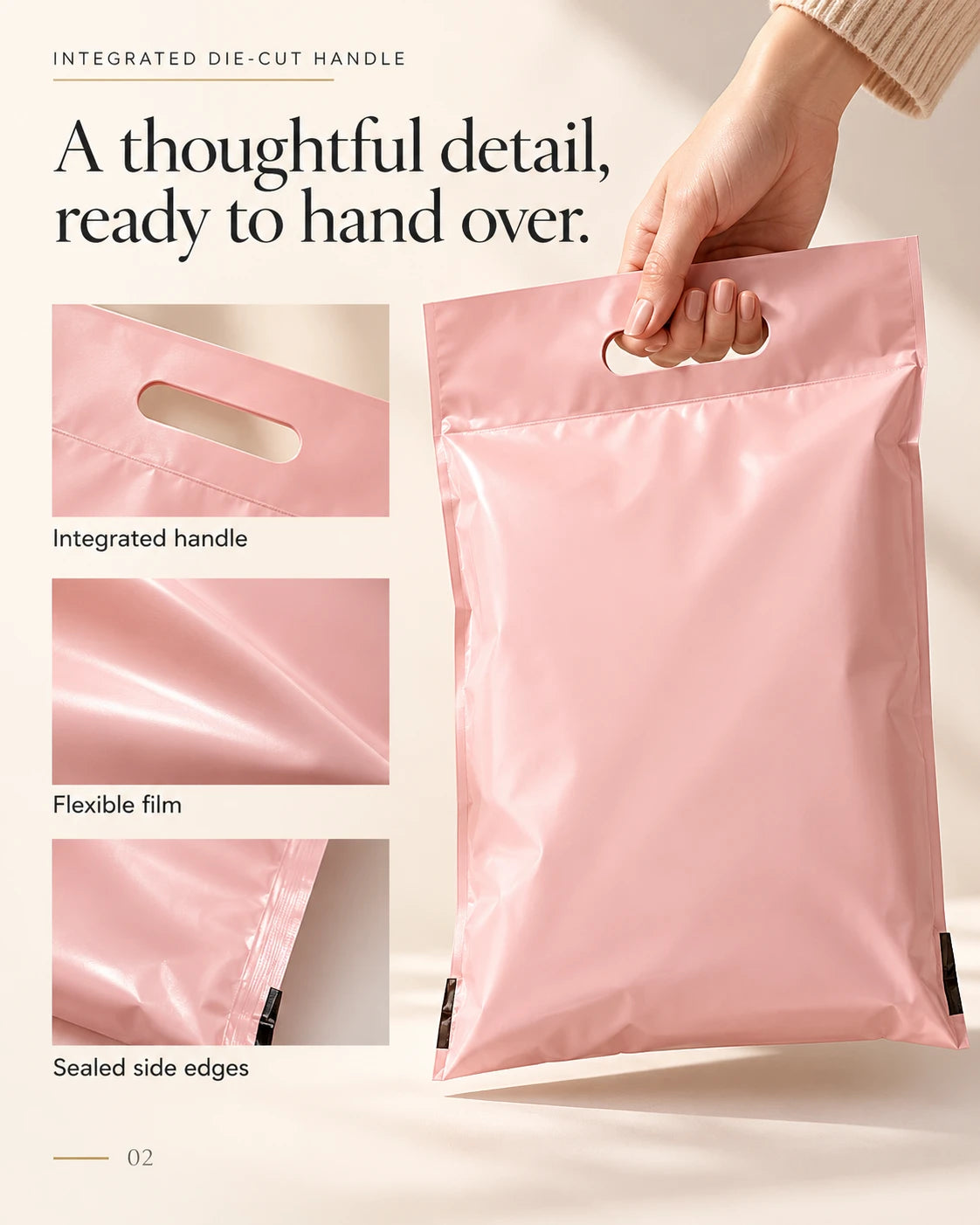 Hand carrying a pink mailer bag with close-ups of the die-cut handle, flexible film surface and sealed side edges