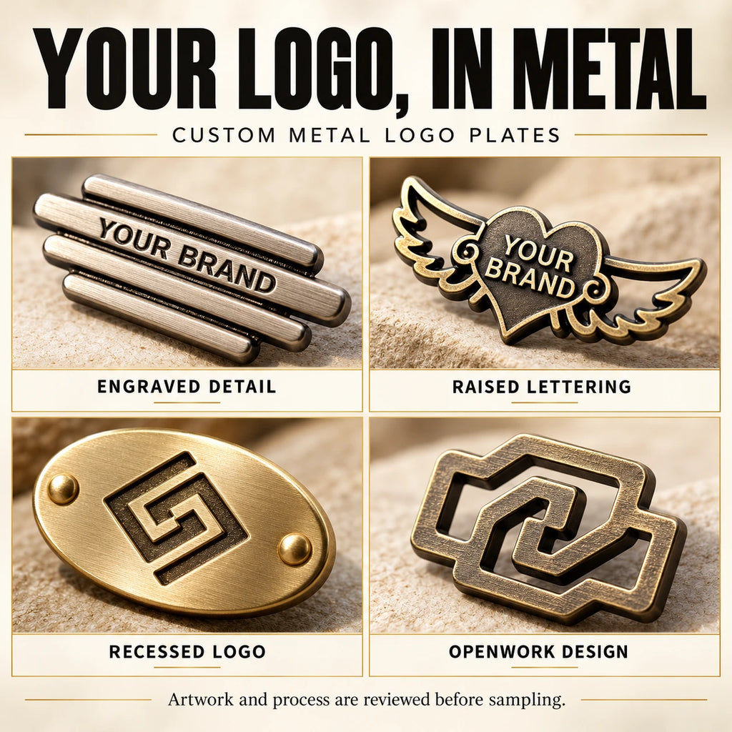 Custom metal logo plates chart demonstrating engraved detail, raised lettering, recessed logo, and openwork cutout designs