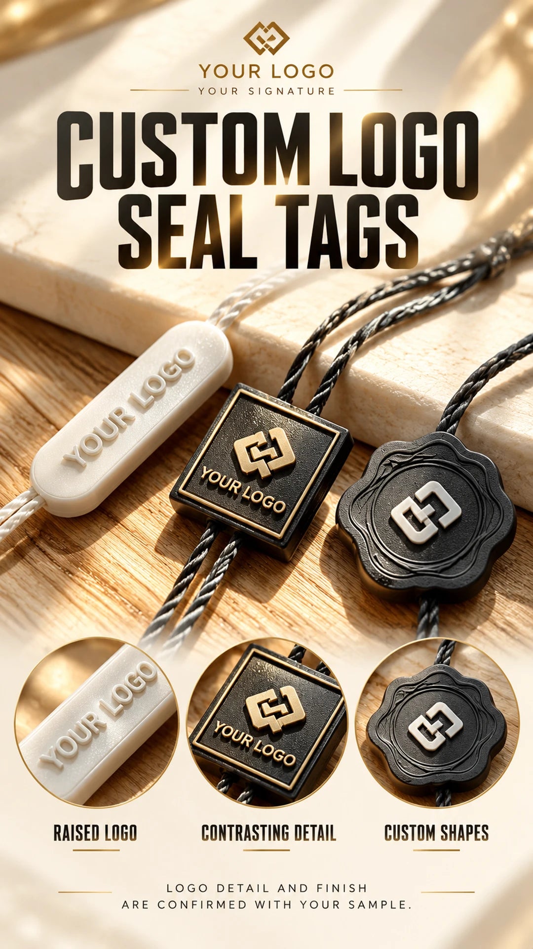 Infographic showing custom logo seal tag options with embossed and debossed branding techniques
