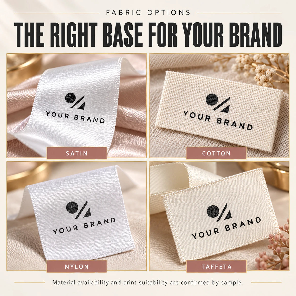 Printed label base material options illustrated with light-colored label examples