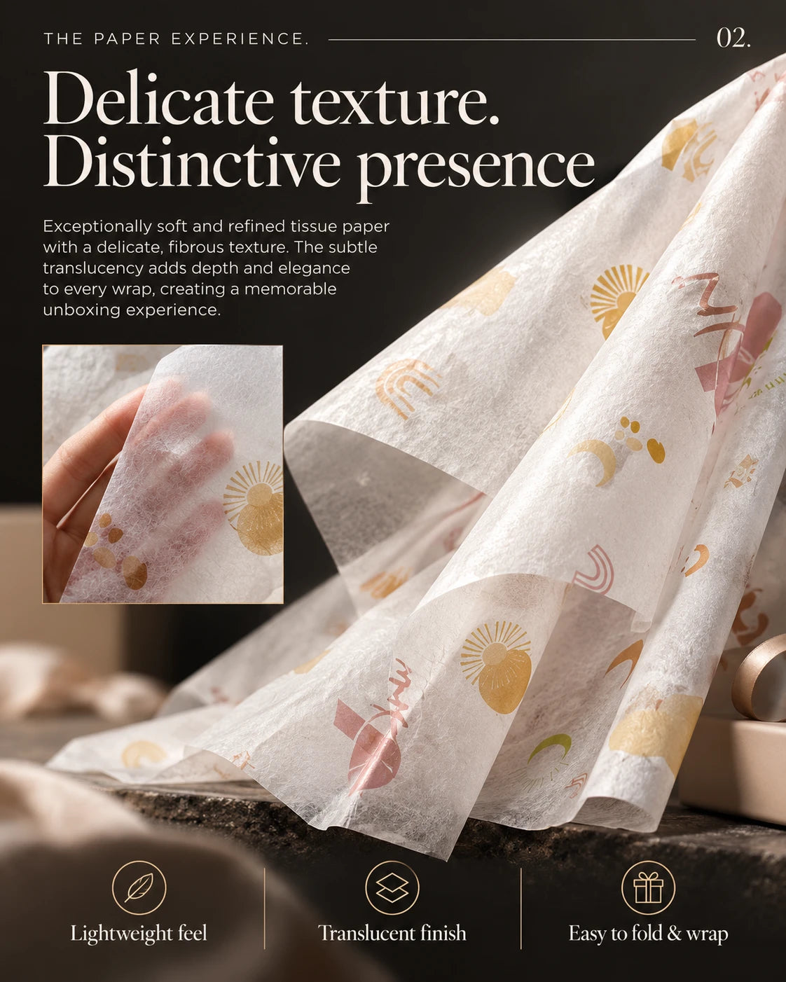 Close-up of pastel-patterned tissue paper showing its fibrous texture, translucency and folded edges