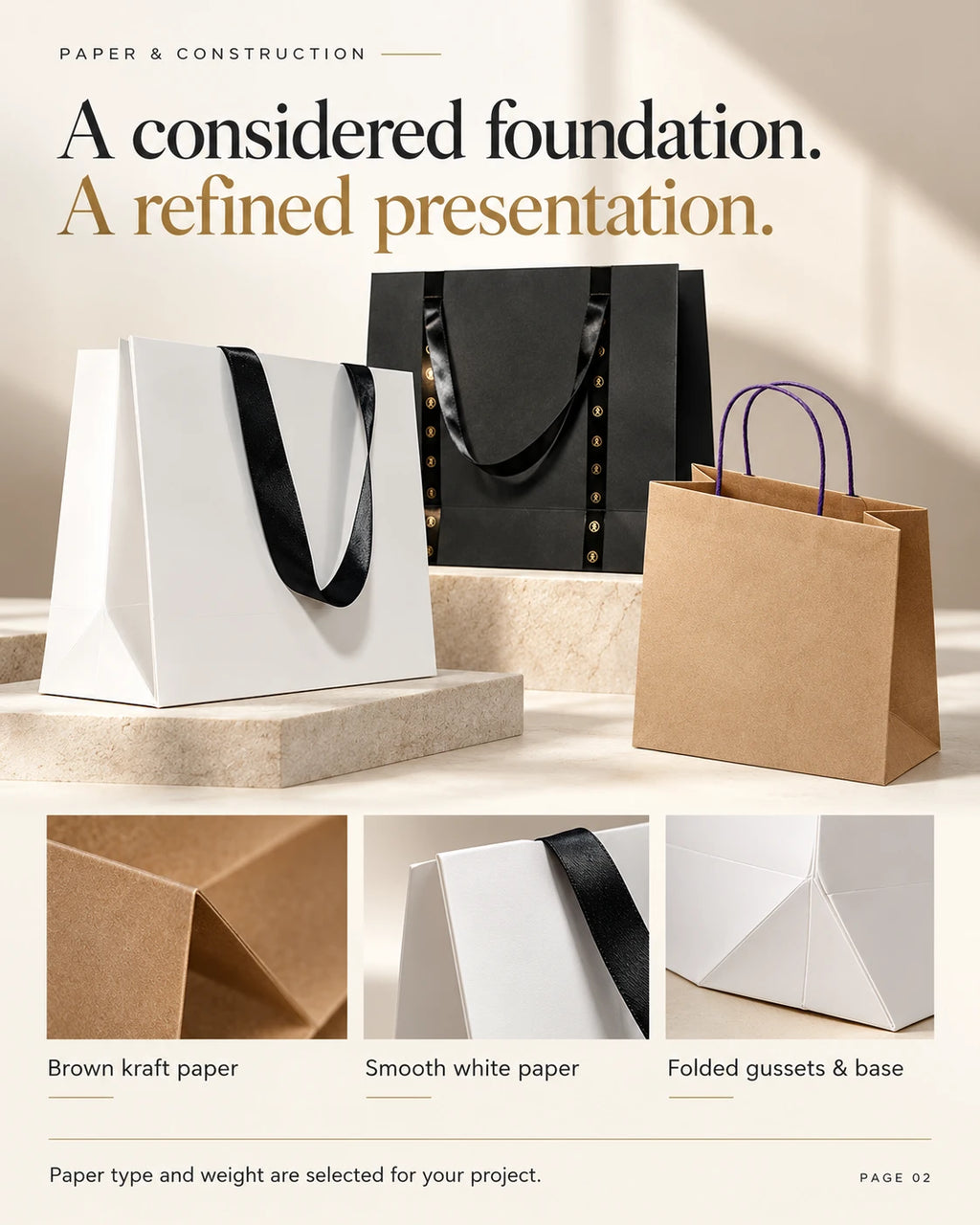 White and kraft paper bag surfaces showing fold construction and paper texture