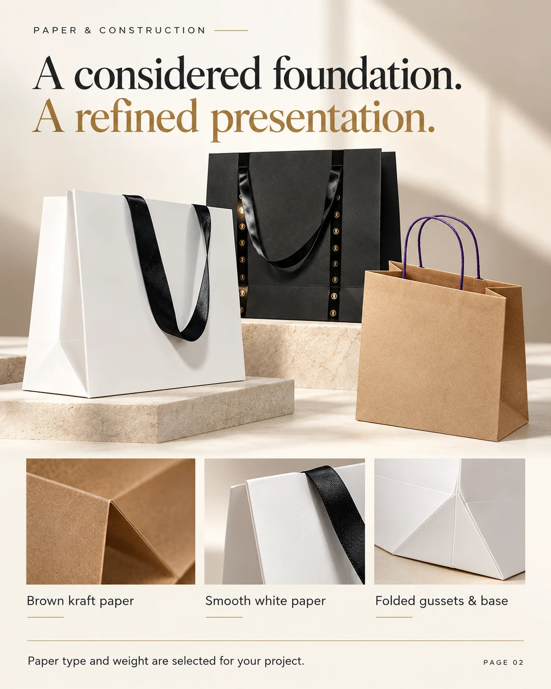 White and kraft paper bag surfaces showing fold construction and paper texture