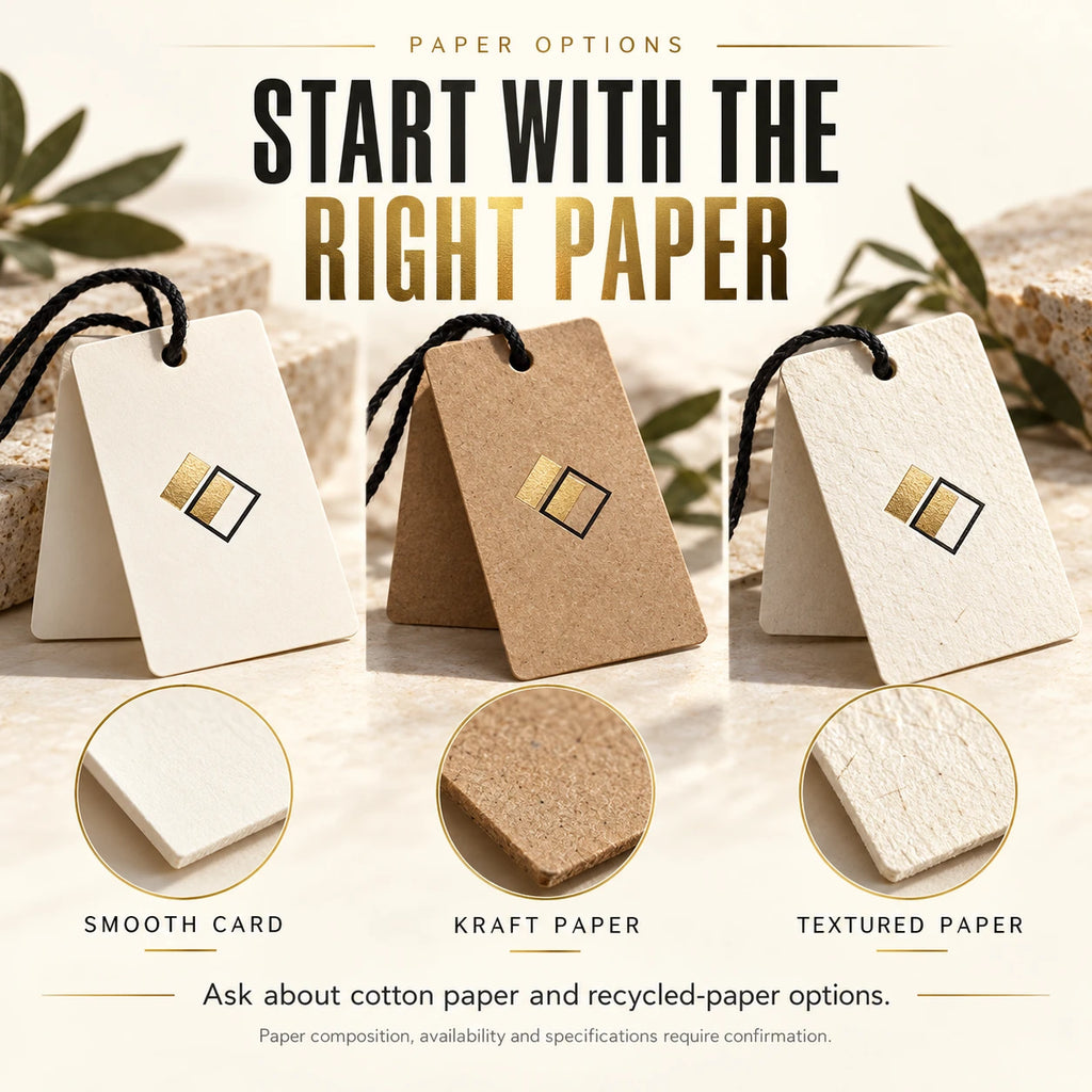 Hang tag paper options showing smooth card, kraft paper and textured paper with black strings