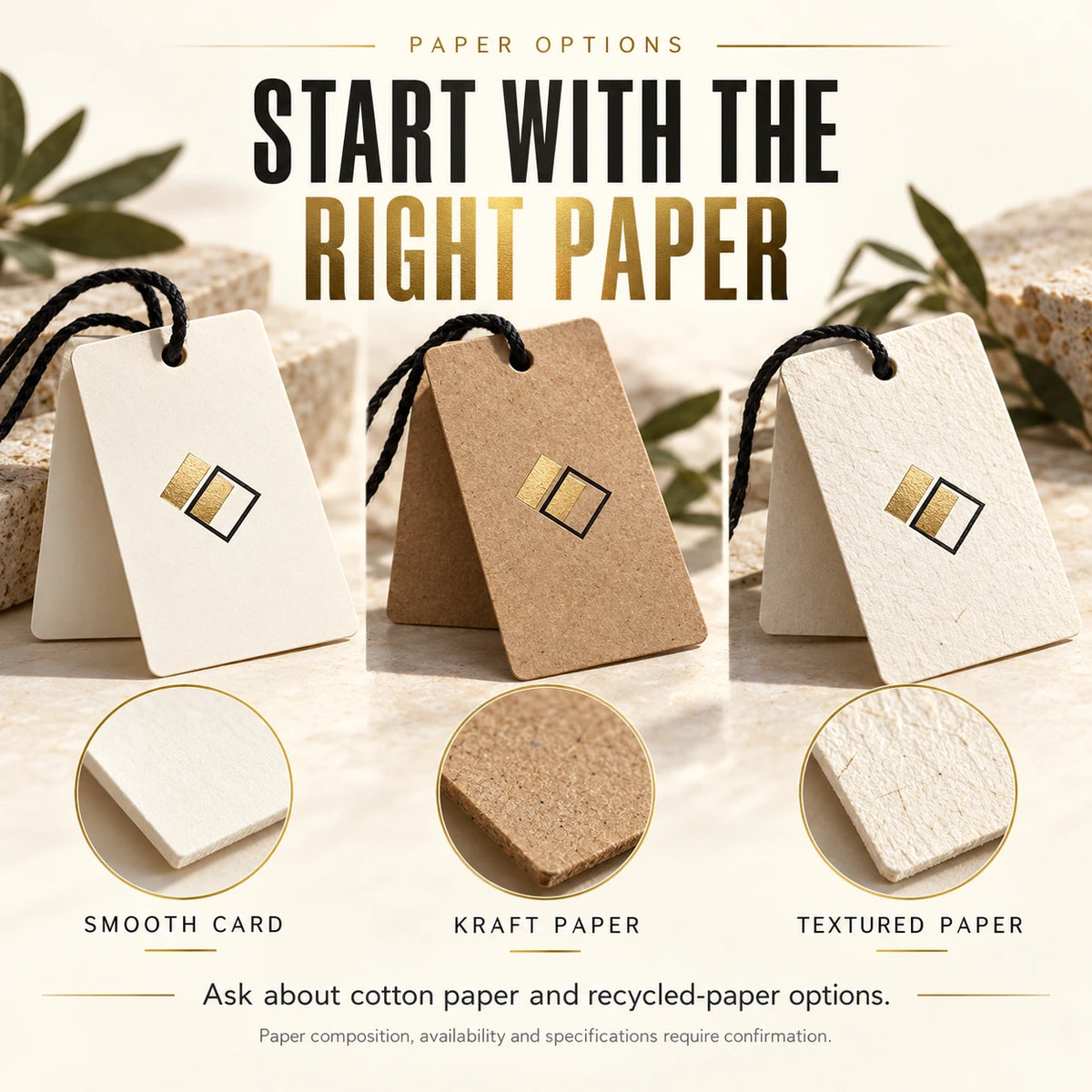 Hang tag paper options showing smooth card, kraft paper and textured paper with black strings