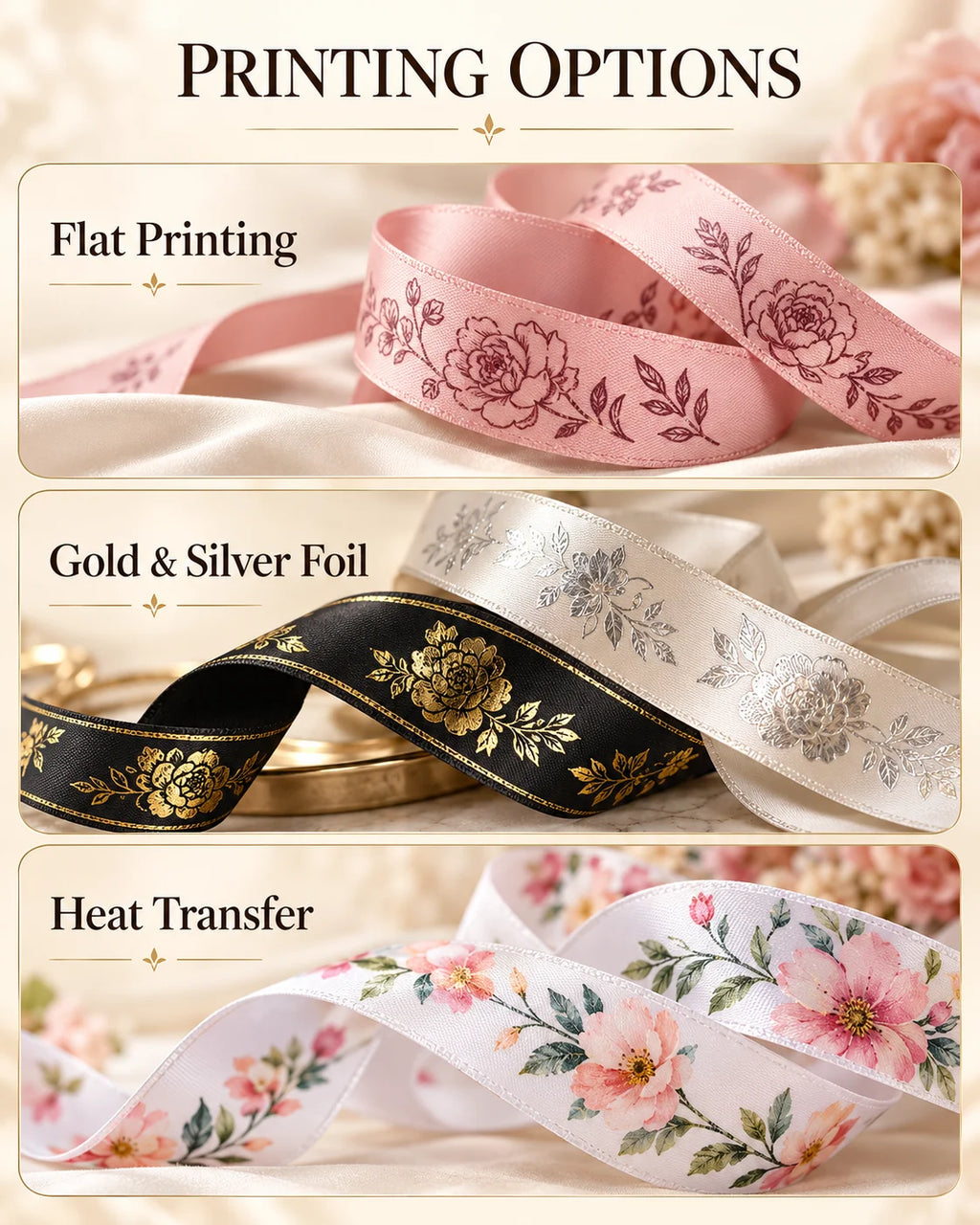 Ribbon printing options chart showing floral flat printing, gold and silver foil designs, and multicolor floral heat transfer