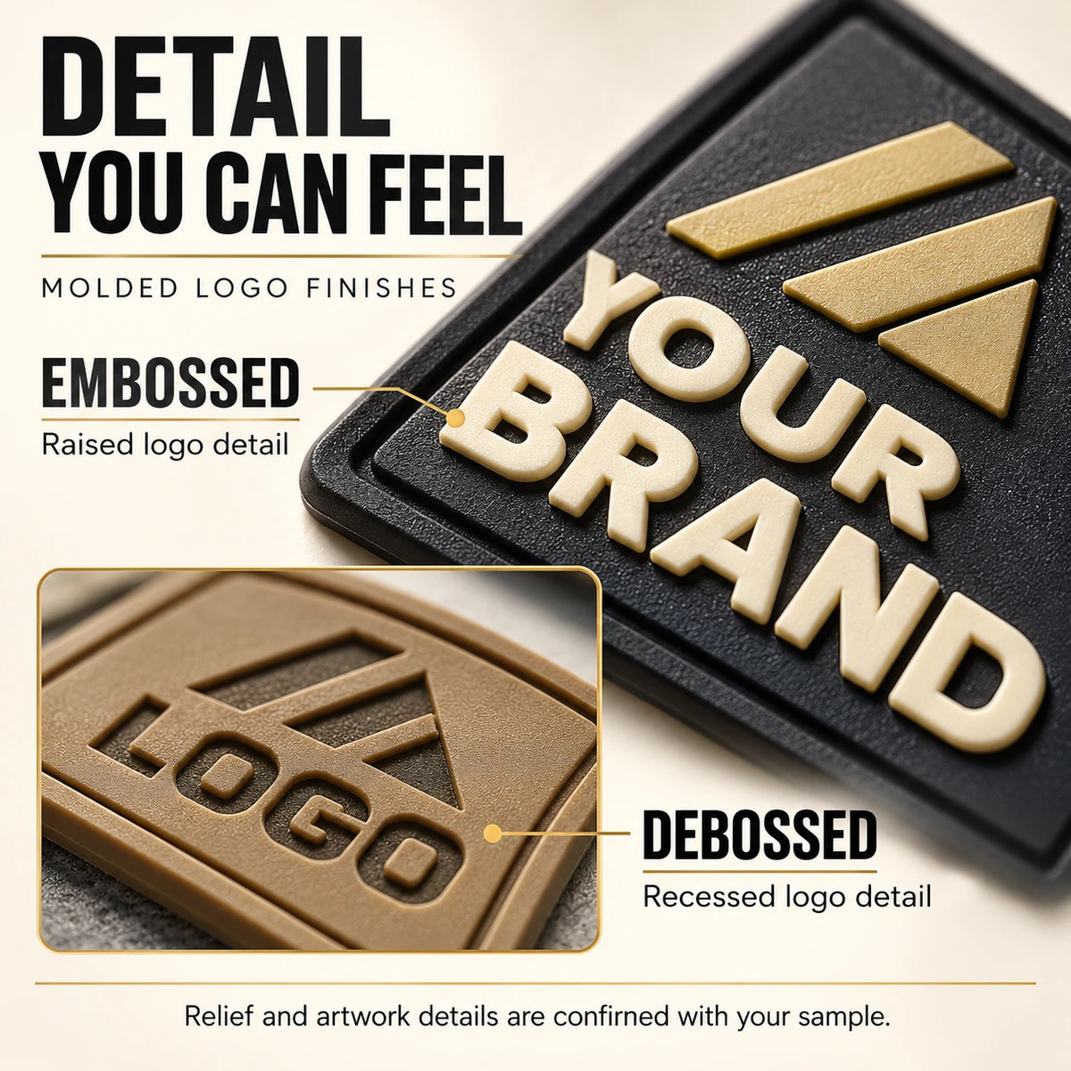 Close-ups comparing raised cream lettering on a black patch and recessed logo detail on a tan patch