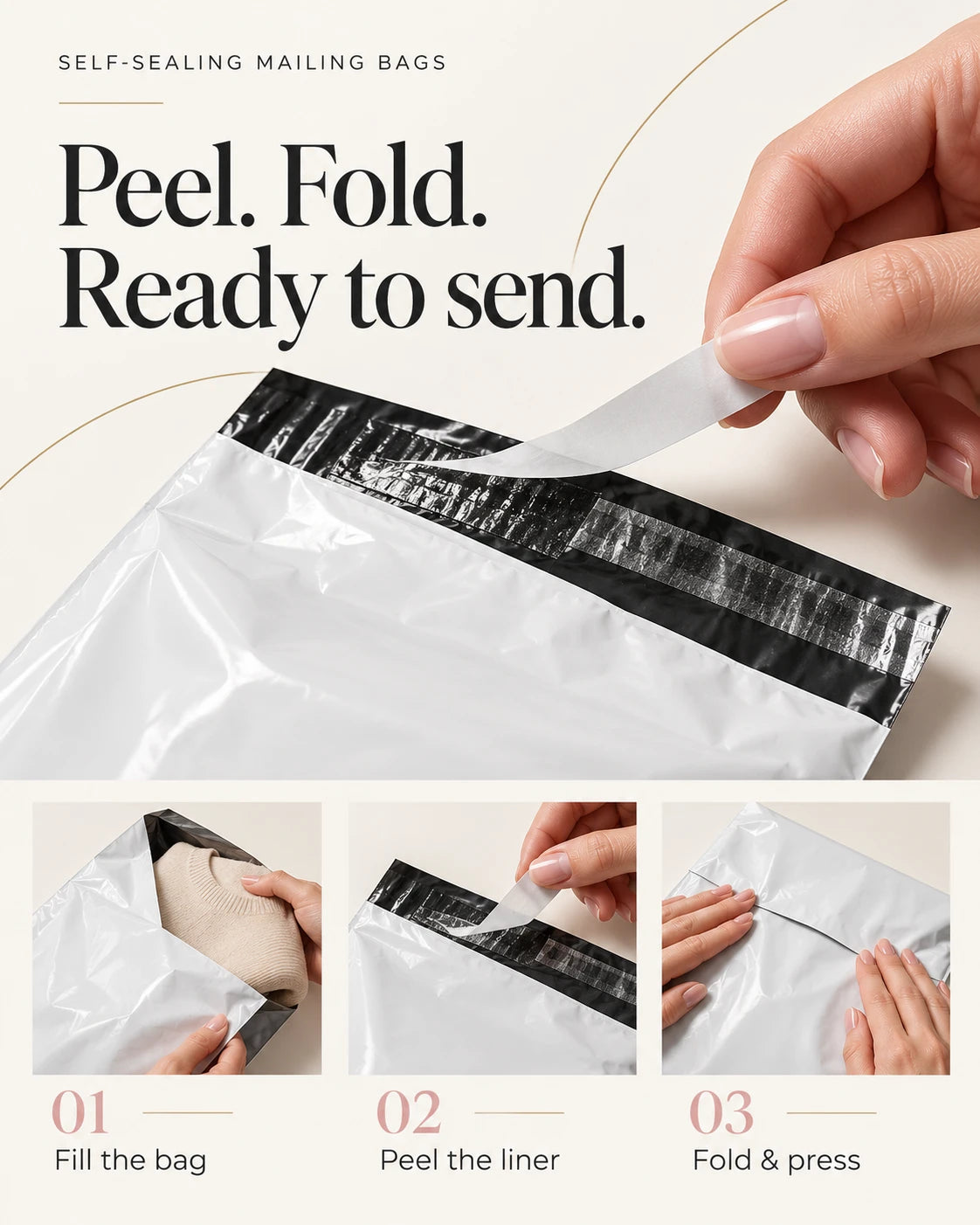Pink plastic mailing bag showing a peel-off adhesive liner and a folded closure flap