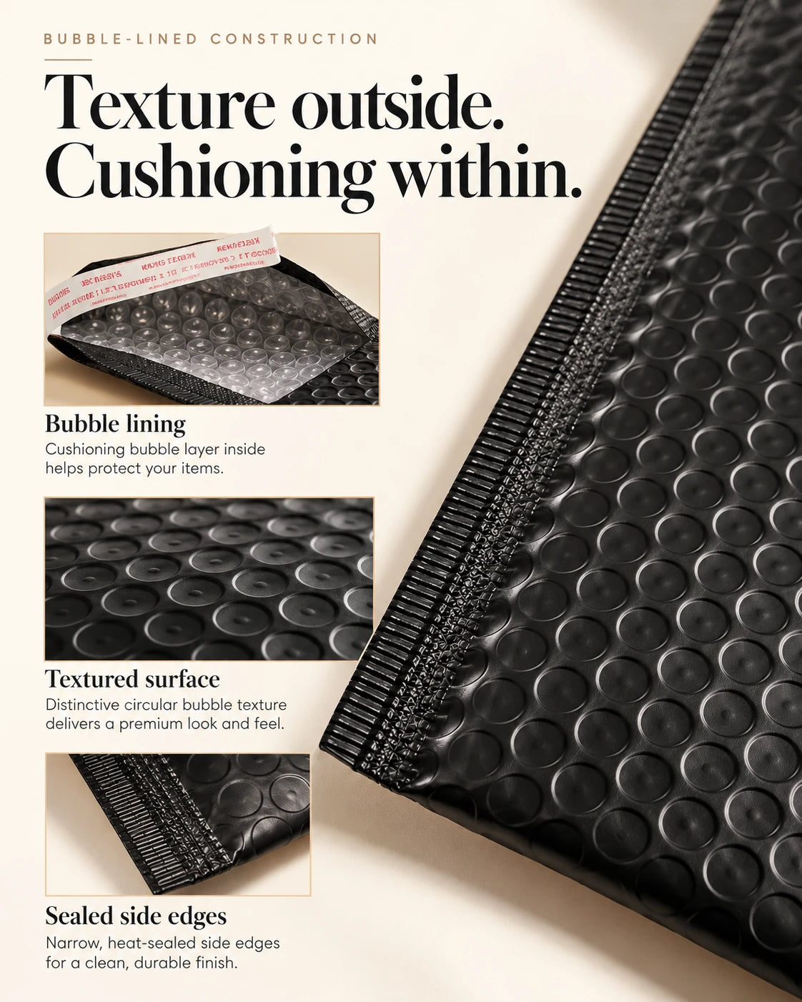 Black bubble mailer with close-ups of its textured outer surface and padded construction