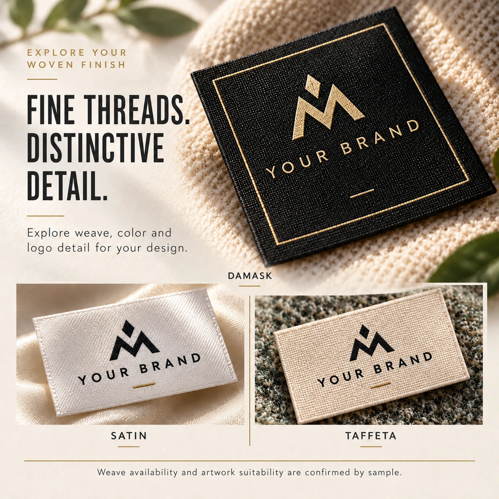 Comparison of damask, satin and taffeta woven label textures with custom brand logo examples