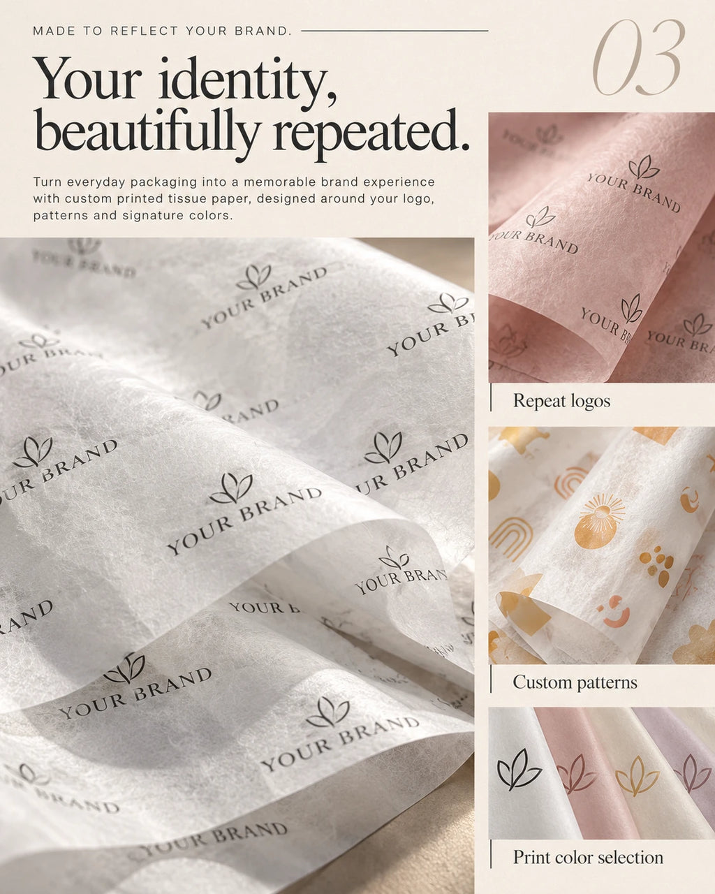 Custom tissue paper printing examples with repeating brand logos, decorative patterns and print color options