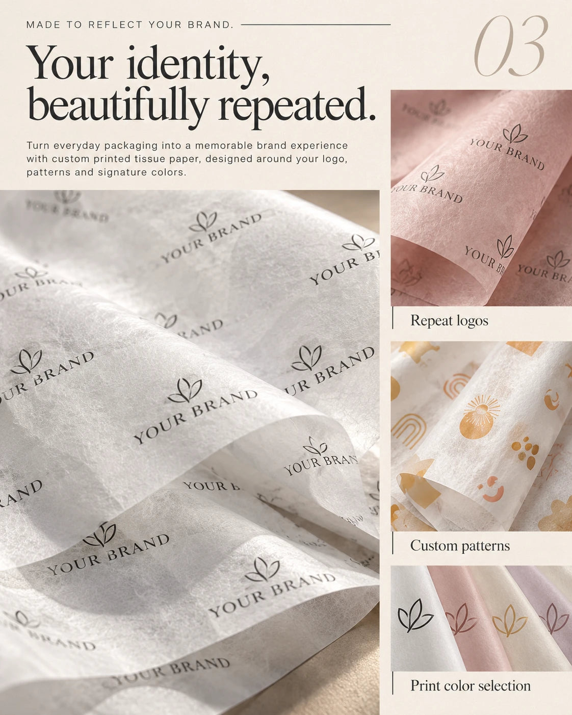 Custom tissue paper printing examples with repeating brand logos, decorative patterns and print color options
