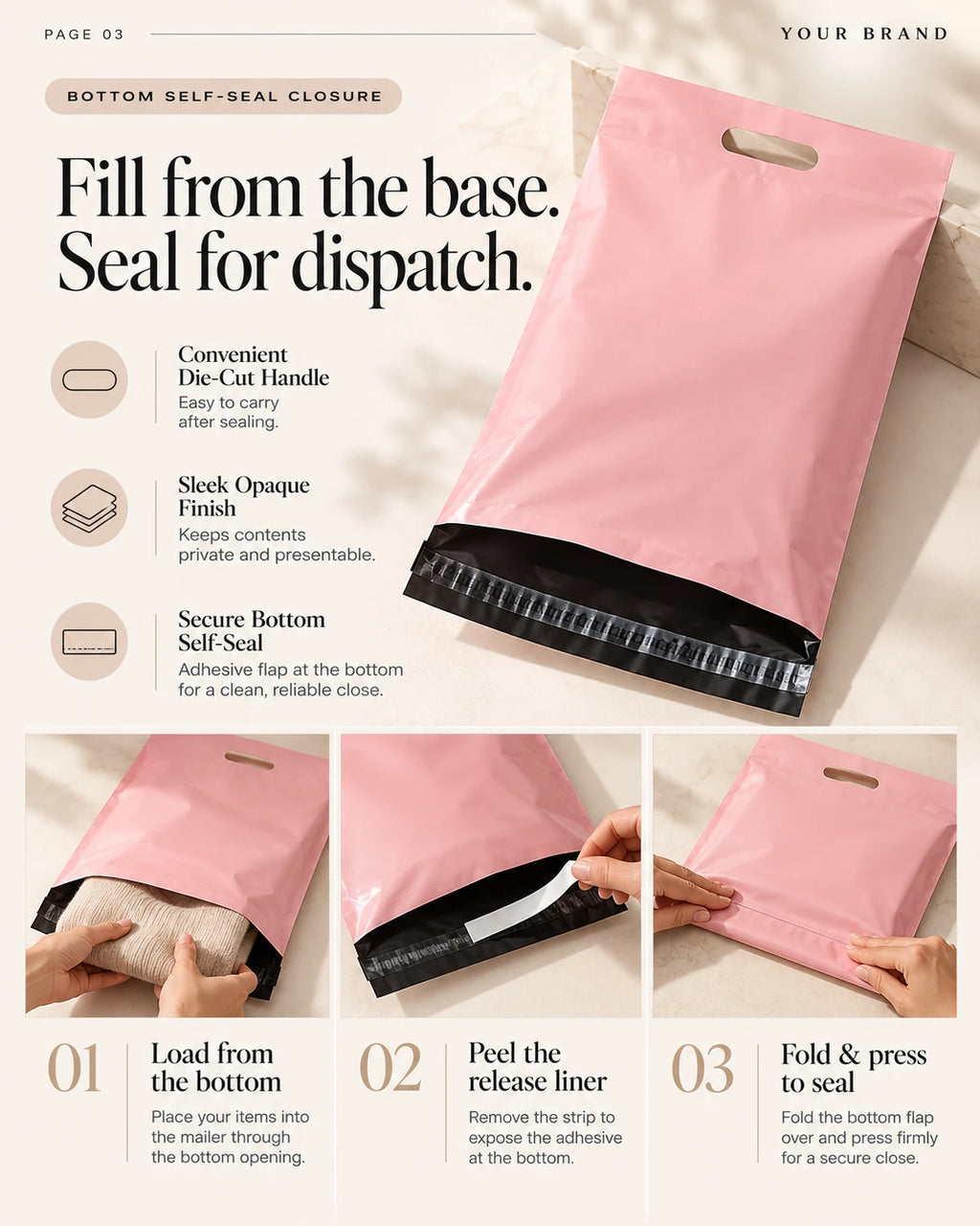 Pink handle mailer bag showing bottom loading, removal of the adhesive release liner, and folding and pressing the bottom flap closed