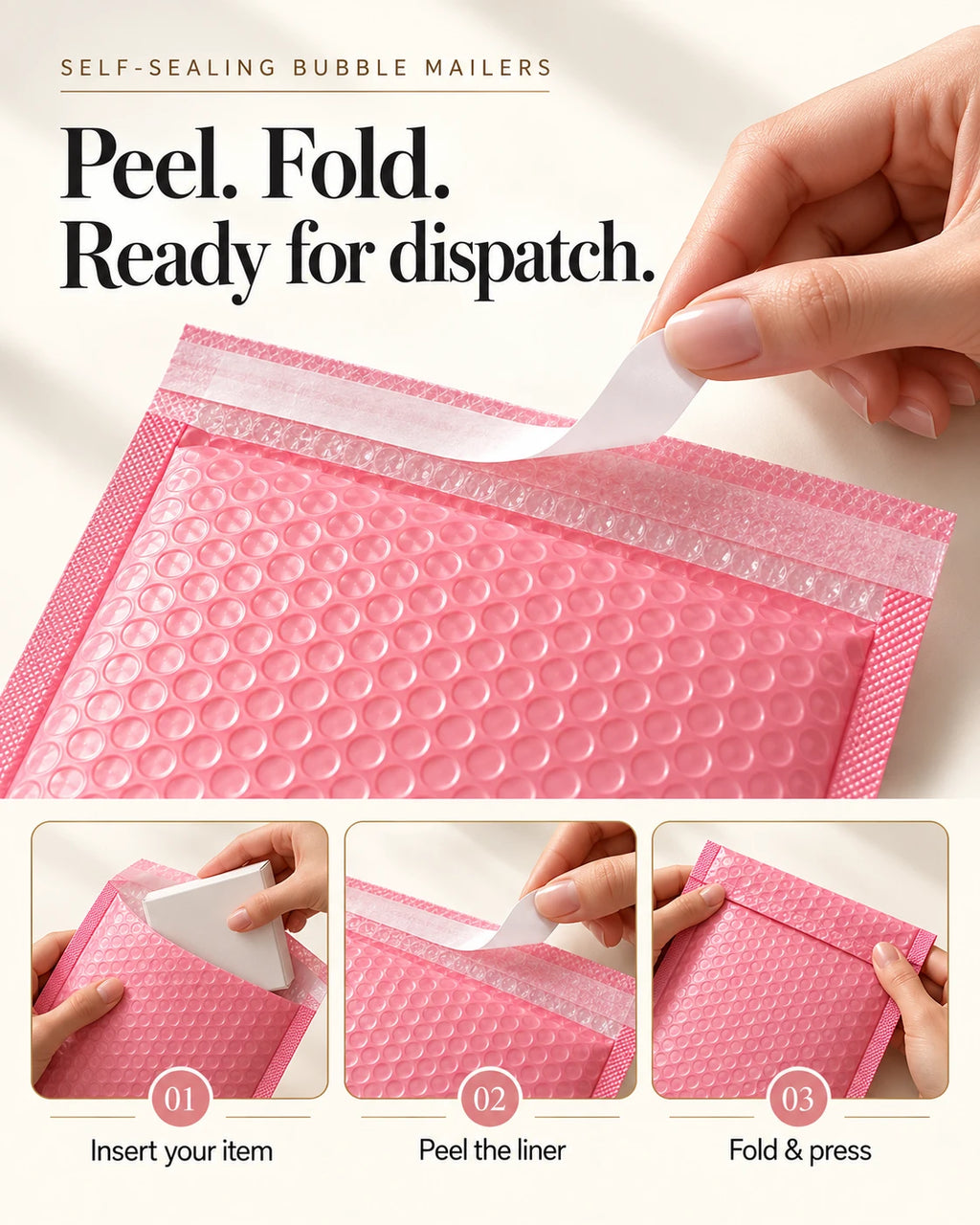 Pink bubble mailer showing an adhesive release strip and folding the closure flap