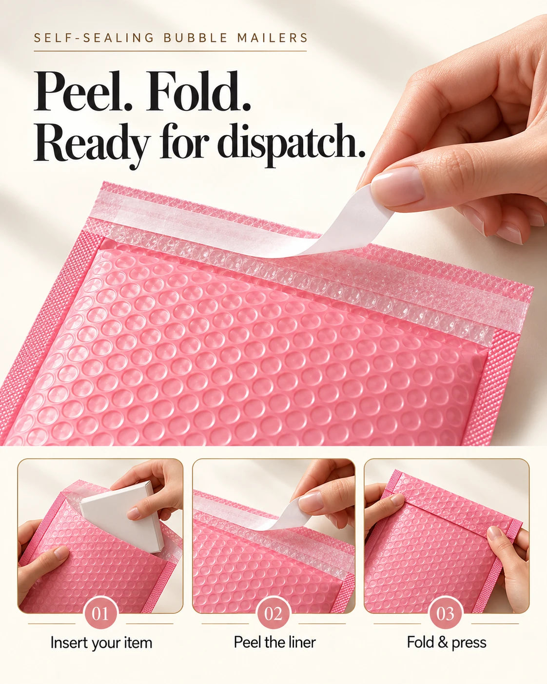 Pink bubble mailer showing an adhesive release strip and folding the closure flap