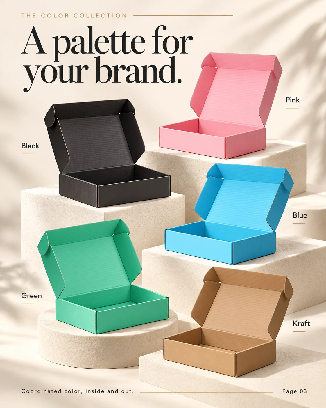 Open mailer boxes in black, pink, blue, green and natural kraft displayed on cream platforms