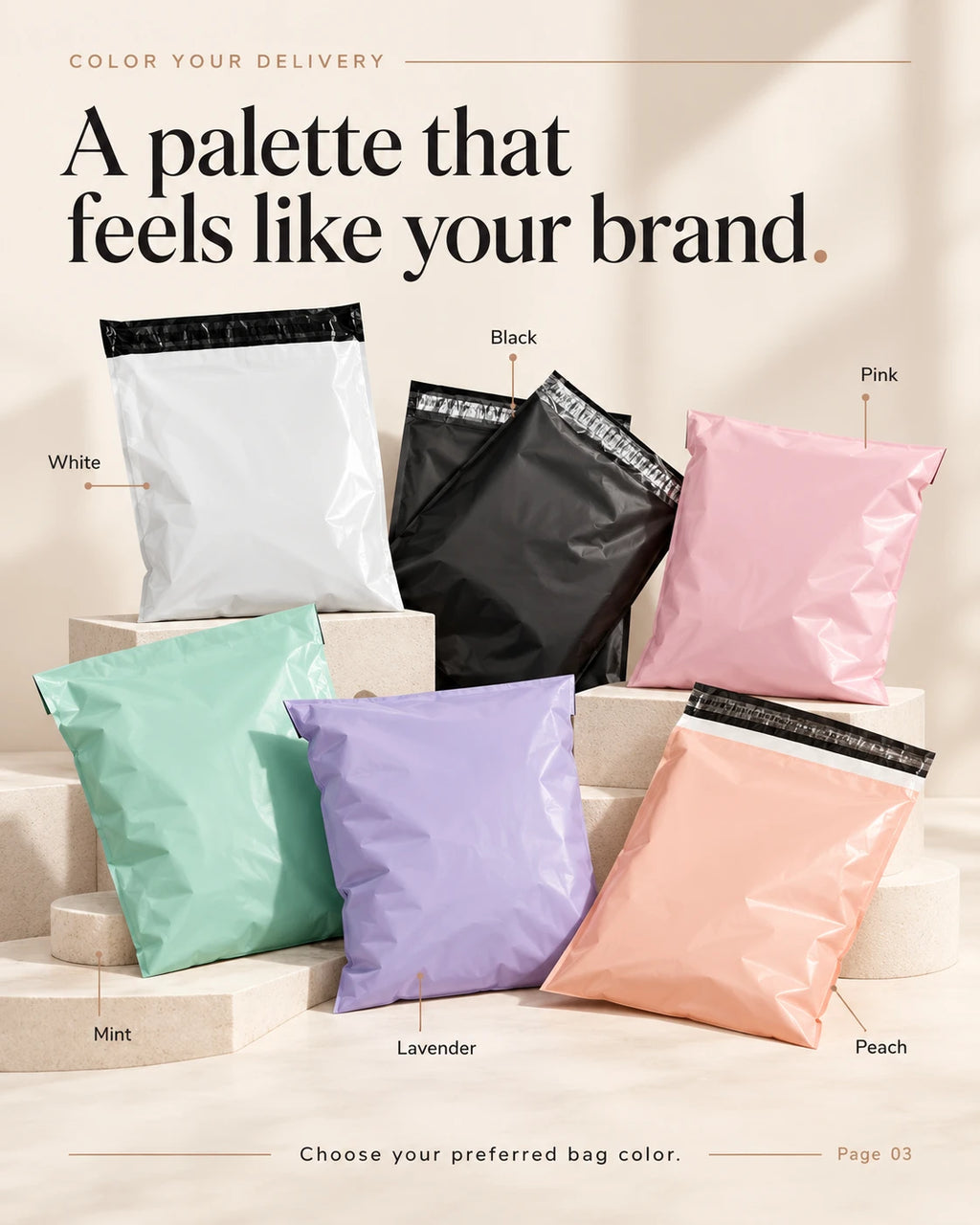 Plastic mailing bags in white, pink, black, mint, purple and peach colors