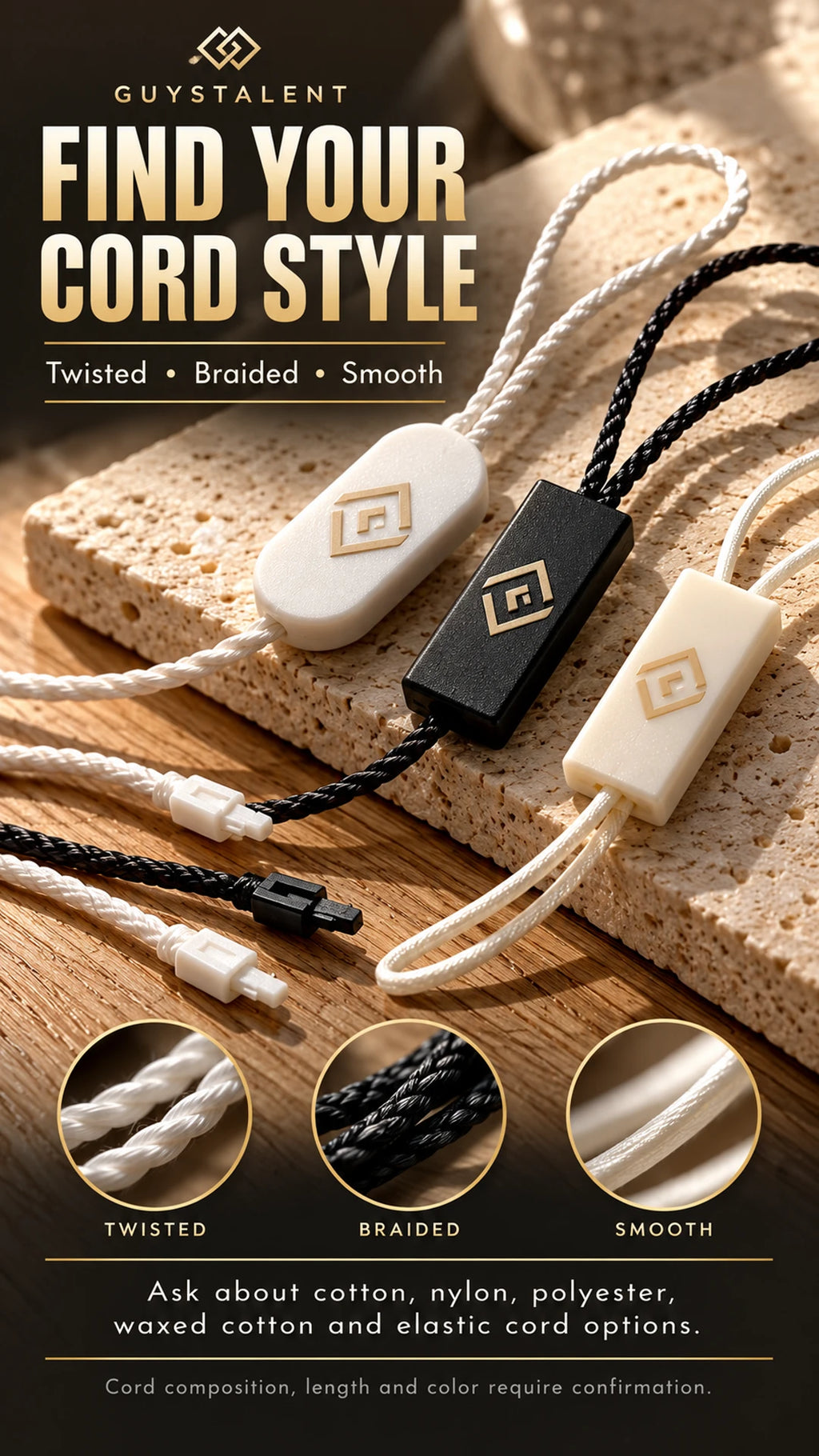 Infographic guide illustrating various cord material choices including polyester, cotton, and twisted cords