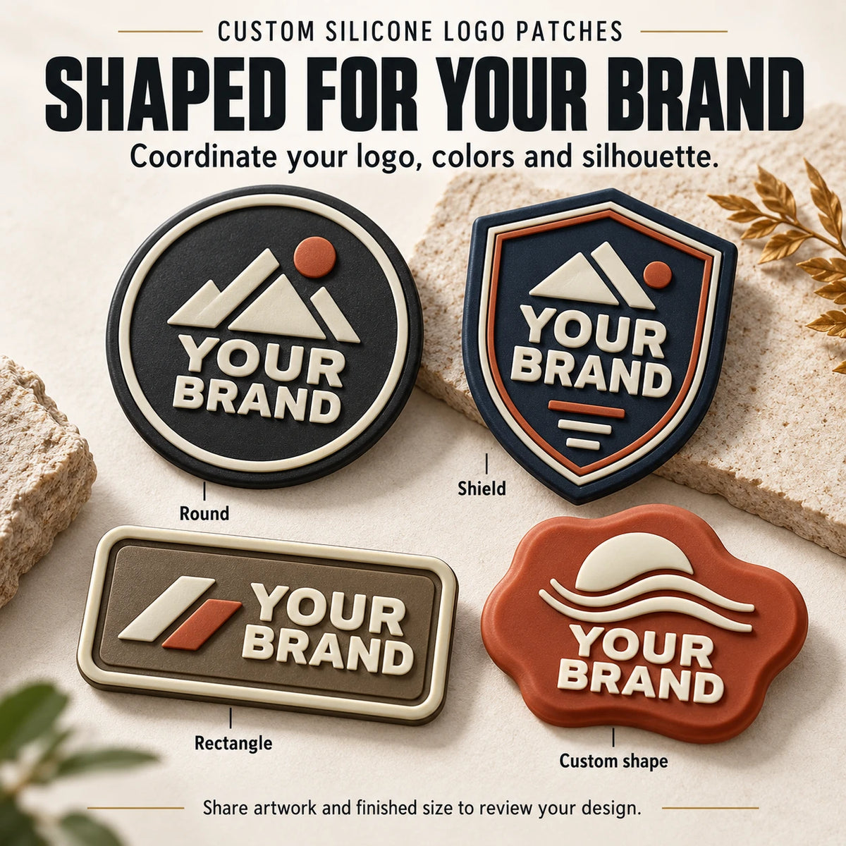 Round, shield, rectangular and custom shaped silicone logo patch examples with coordinated cream and rust details