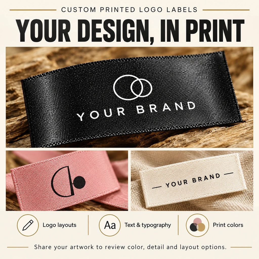 Custom printed logo and colour label examples on black, pink and light label bases