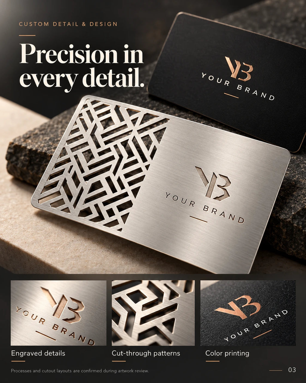 Metal business cards showing geometric cutouts, rounded corners and fine printed details