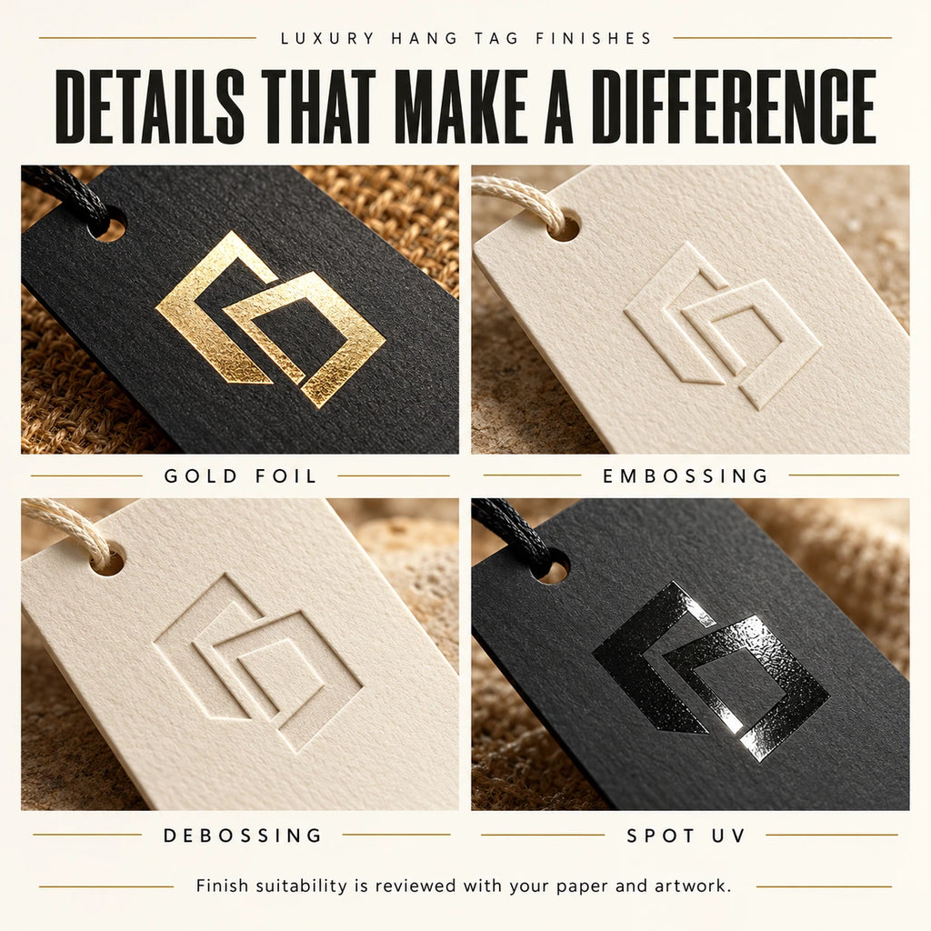 Hang tag finishing examples showing foil lettering, raised and recessed impressions and glossy detail