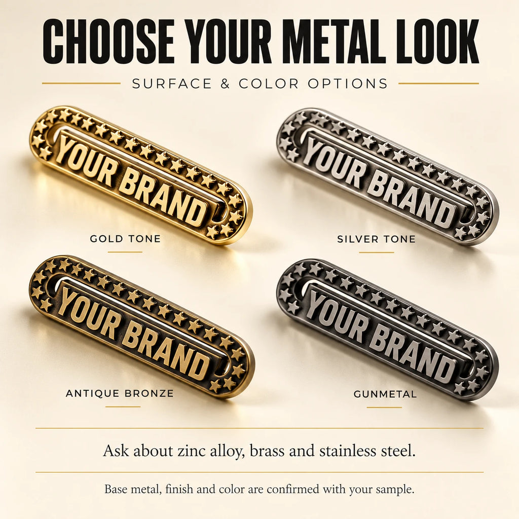 Surface and color finish options chart displaying gold tone, silver tone, antique bronze-tone, and gunmetal metal labels