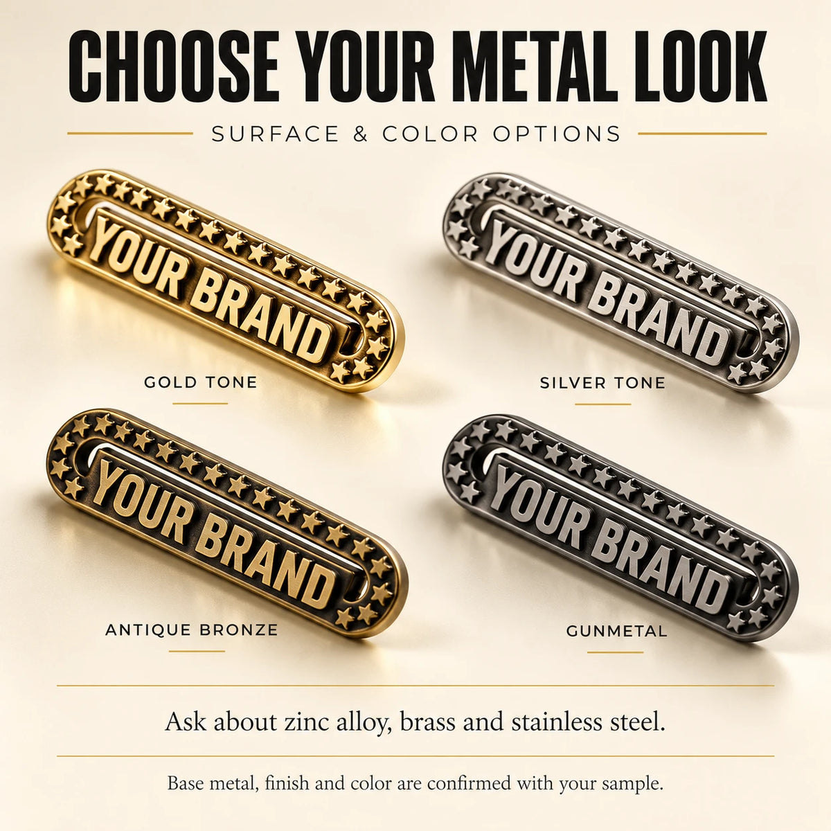 Surface and color finish options chart displaying gold tone, silver tone, antique bronze-tone, and gunmetal metal labels