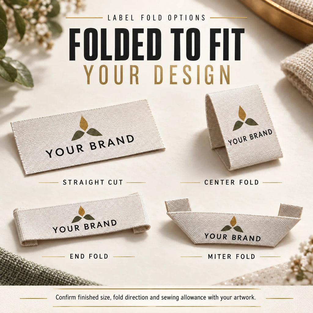 Woven label fold options showing straight cut, center fold, end fold and miter fold