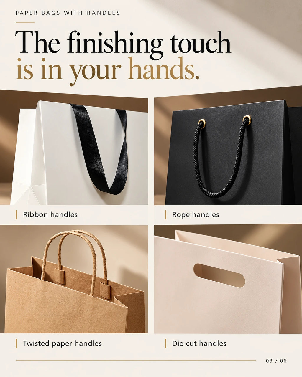 Paper shopping bags with ribbon and cord handles shown in several colors