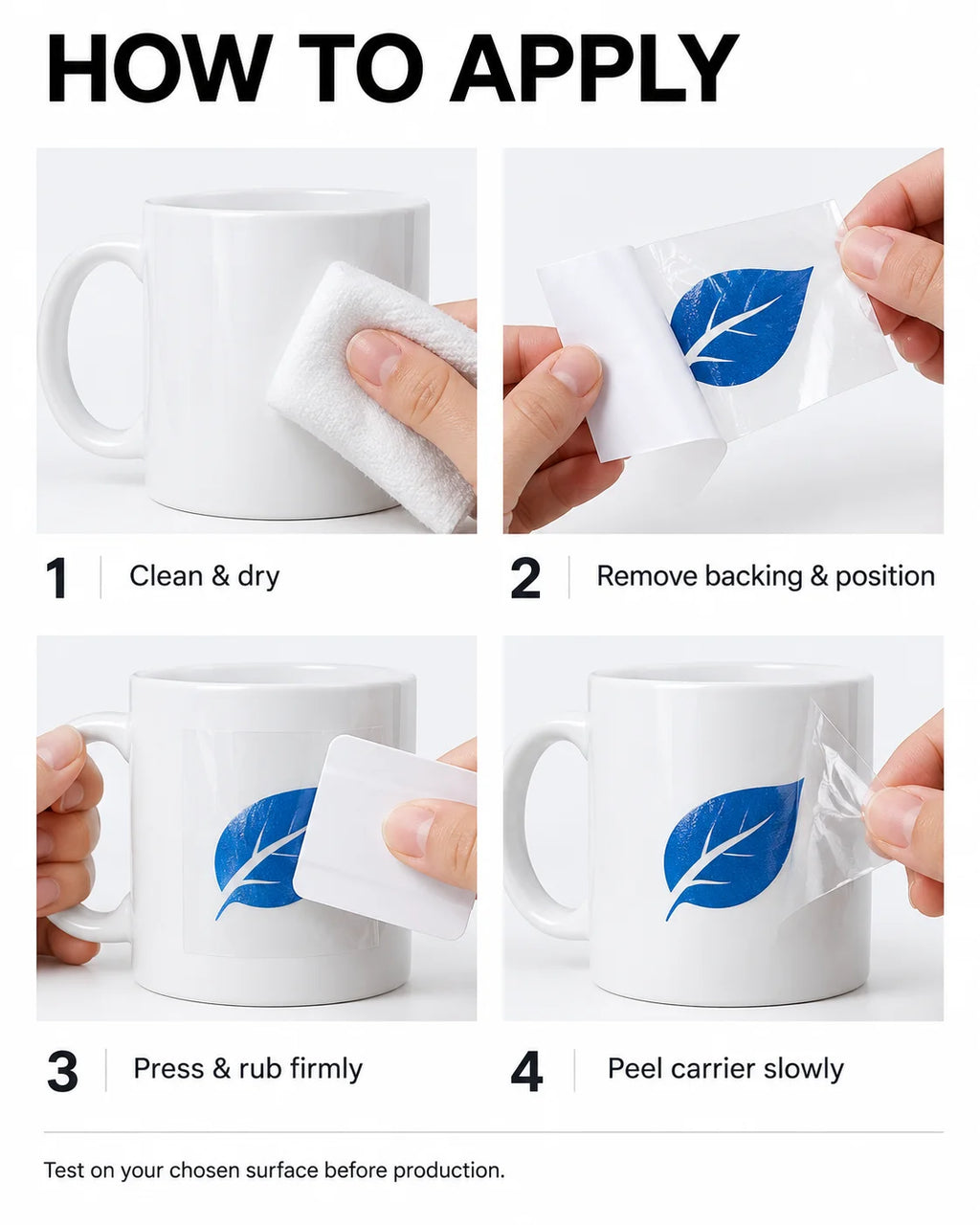 Four-step UV transfer application guide showing cleaning, positioning, pressing and peeling the carrier